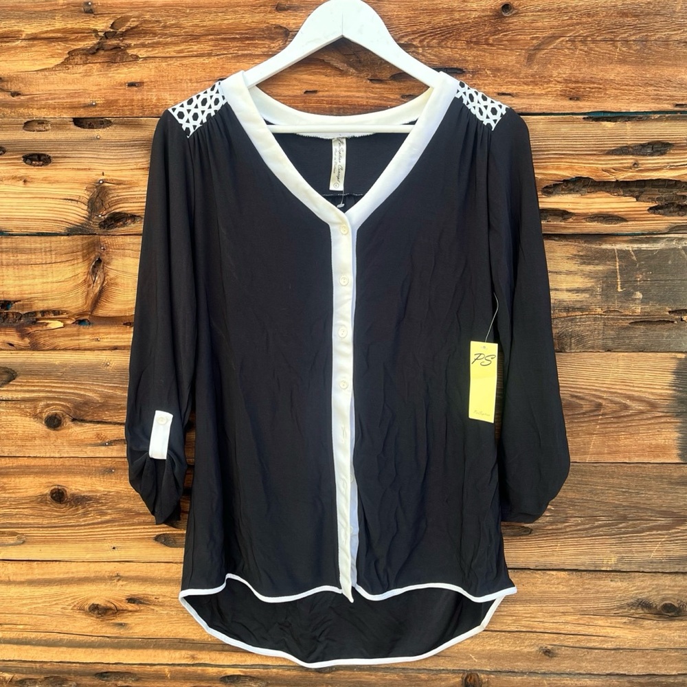 PERSEPTION | NWT B&W Roll Up Sleeve Button Down Blouse Tunic L